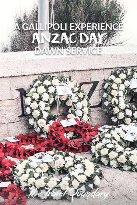 White floral wreaths and red poppy wreaths lay at the memorials to commemorate fallen soldiers at Gallipoli, Turkey