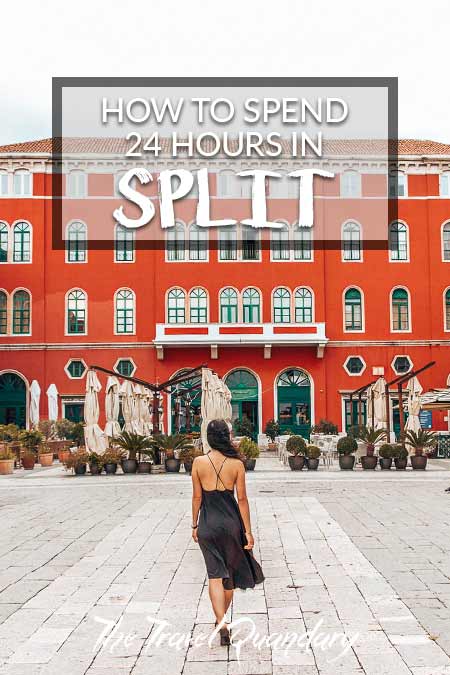 A woman in a black dress walks in the empty Trg Republic Square in Split, Croatia