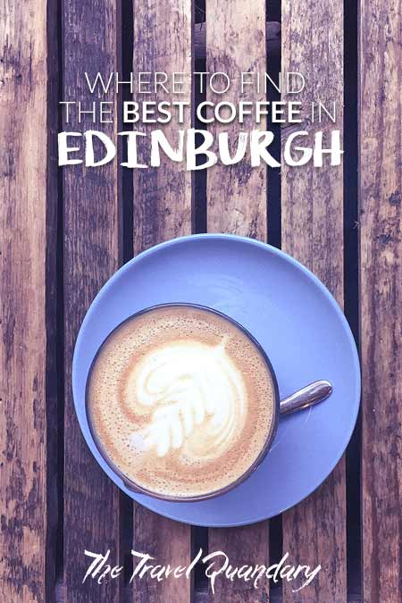 A flat white on a blue saucer on a bench seat at The Milkman, Edinburgh, Scotland