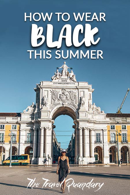 Pin Photo: Jasmine wearing a black dress in front of Arco da Augusta in Lisbon, Portugal