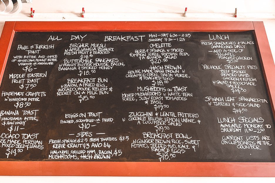 All day breakfast menu on the chalkboard at Plenty Cafe in West End, popular breakfast cafe in Brisbane
