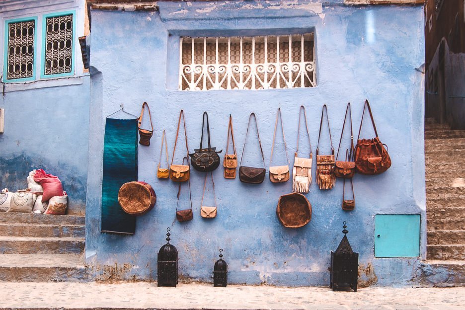 Leather bags for sale in Chefchaouen Morocco