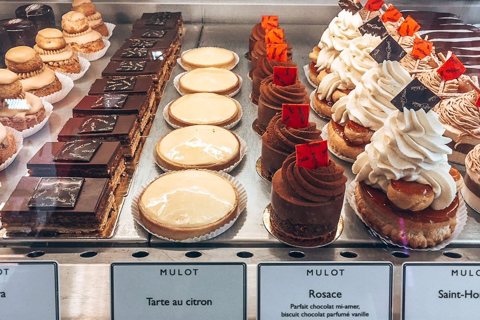 Desserts lined up at Gerard Mulot, Patisserie in Paris