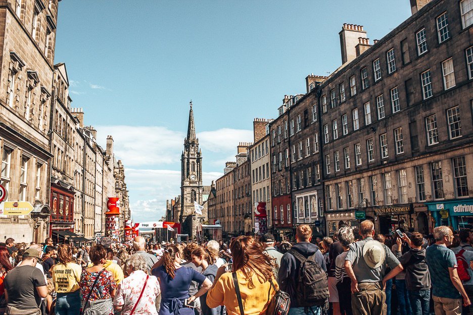 Crowds gather along the Royal Mile during Edinburgh Fringe Festival, Edinburgh