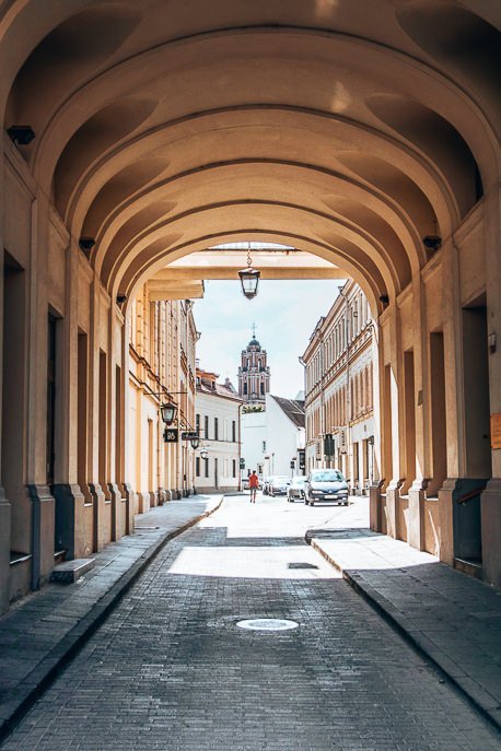 Underneath the arches on the streets of Vilnius, Lithuania