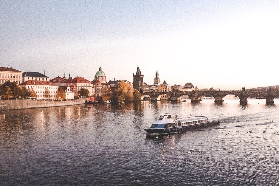 Boat cruising the Vlatva River, Prague