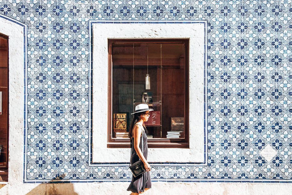 Strolling past beautiful blue Portuguese tiles, Lisbon