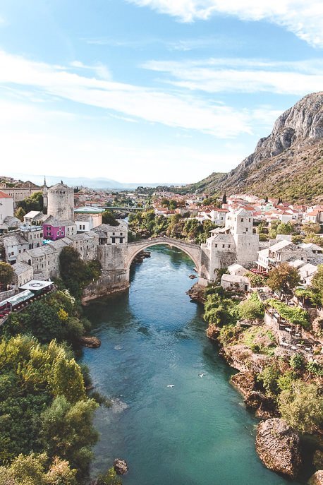 A view of the Stari Most from the minaret at Koski Mehmed Pasha Mosque, Mostar, Bosnia & Herzegovina