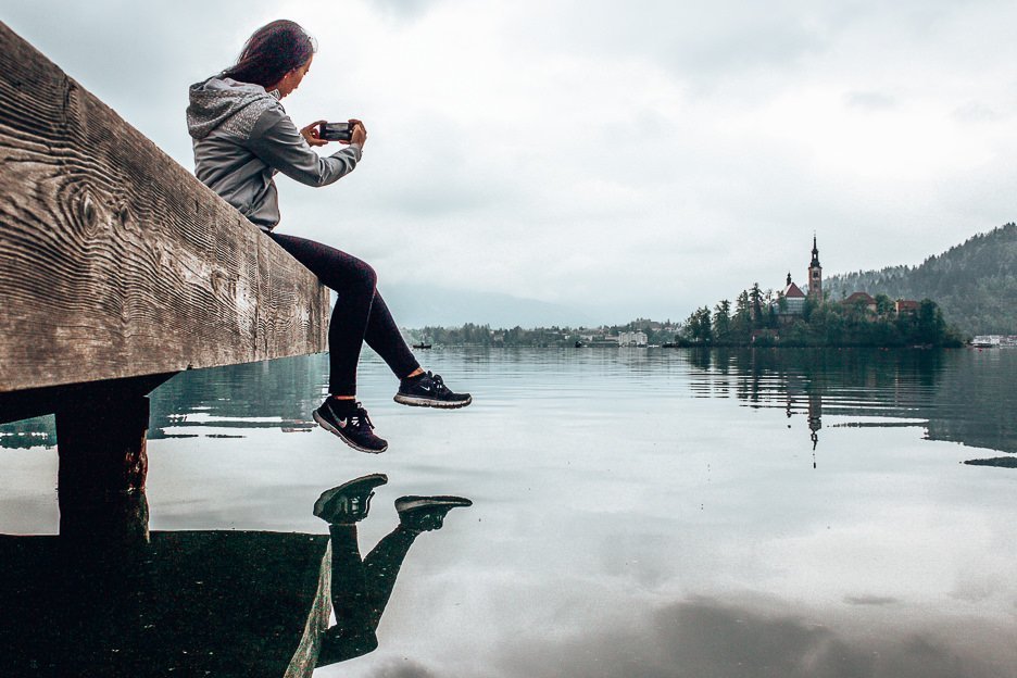 Taking an iPhone photo of Bled Island, Bled Lake, Slovenia