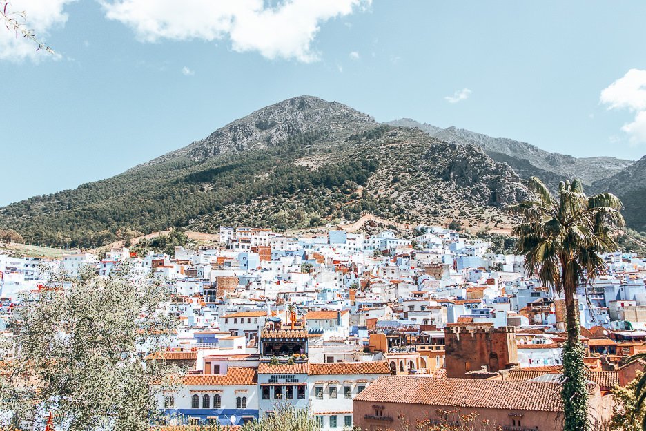 A view of Chefchaouen Morocco with the Rif Mountains in the background
