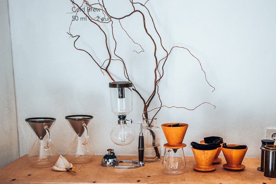 Coffee brewing equipment at Crooked Nose & Coffee Stories, Vilnius