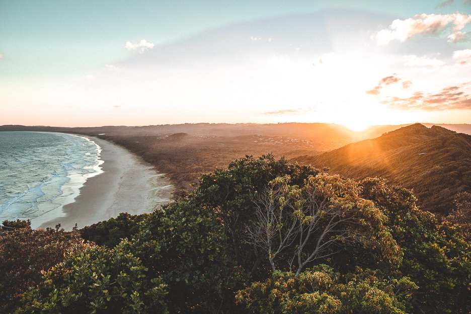 Sunset view over Tallows Beach in Byron Bay