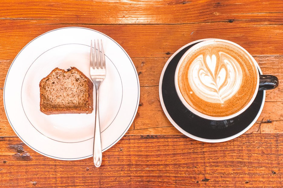Large hot latte and banana bread at The Workers Coffee | Meguro Coffee Shop, Tokyo
