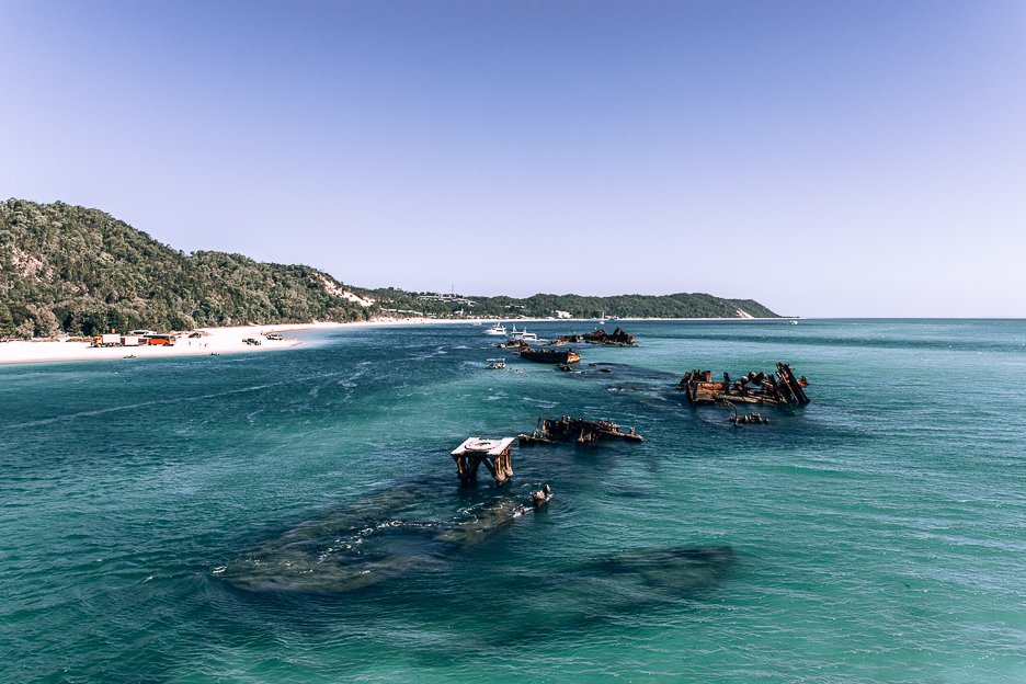 Aerial shot of Tangalooma shipwrecks off Moreton Island - day trips from Brisbane